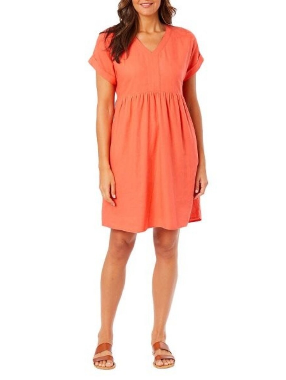 Briggs Women's Coral V-Neck Linen-Blend Dress With Pockets - Brand New - Size M
